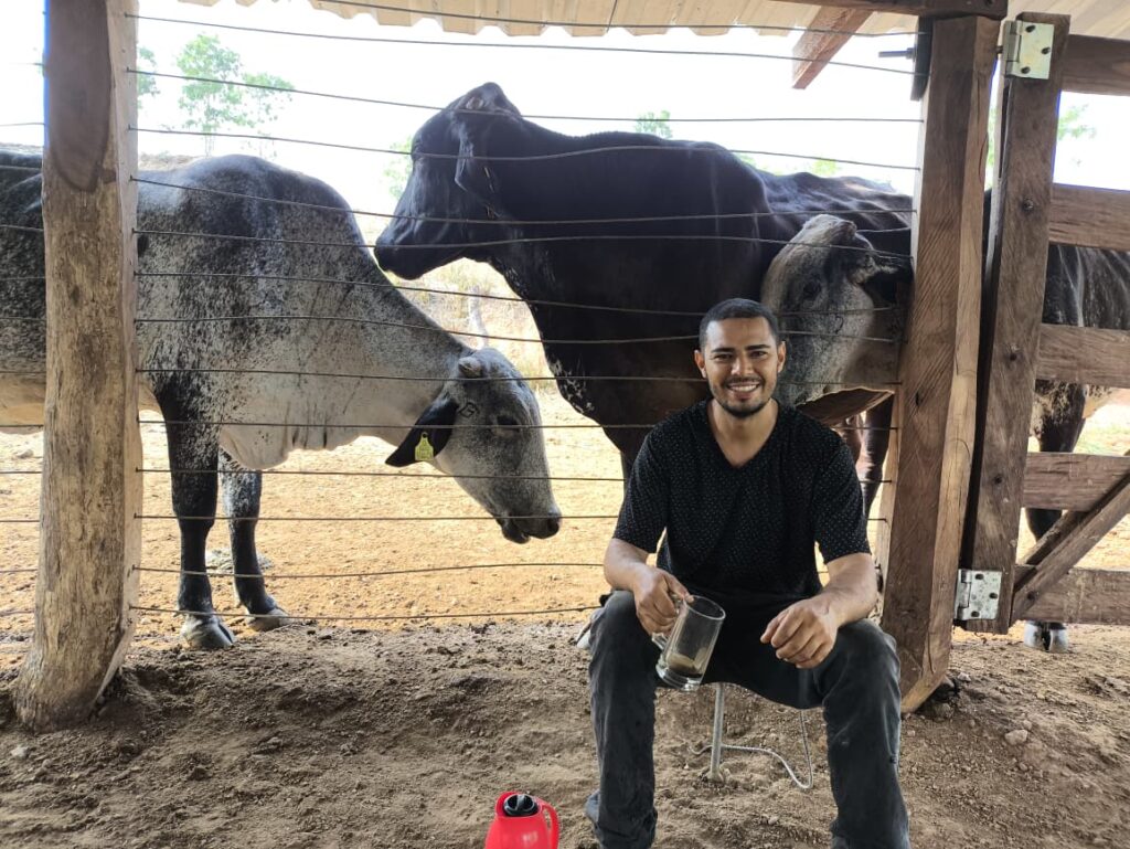 Wilker sentado tomando café ao lado das vacas no curral